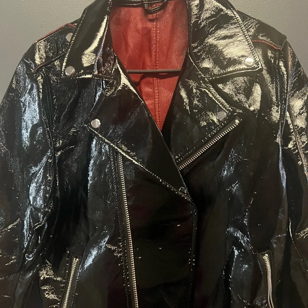 Mens Zara Black Patent Leather Jacket with Red Accents - Size small